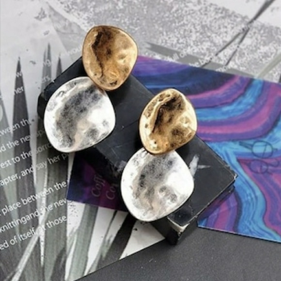 Two Tone Textured Metal Earrings - Picture 3 of 4